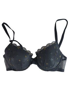 Victoria's Secret Lined Demi Bra Black 36C Scalloped Lace Molded Stars Underwire
